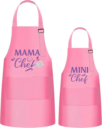 Miniatura 8 de Juego de 2 delantales para niños y adultos, regalo para madre e hijo, diseño de ayudante para hornear de mamá blanca, delantales de cocina