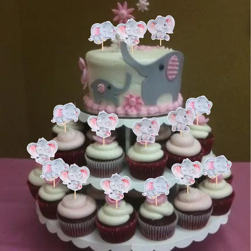 Miniatura 7 de 36 piezas de decoración para cupcakes de elefante rosa con texto en inglés "It's a Girl" para decoración de revelación de género, baby shower