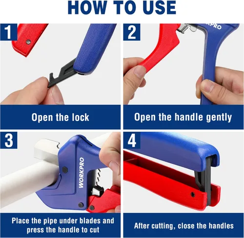 Miniatura 7 de WORKPRO Cortador de tubos de PVC con trinquete, hasta 1-5/8 pulgadas, cortador de tubos y tubos de plástico para mangueras de PEX, PVC, PPR