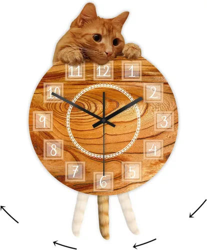 Reloj de gato con cola móvil, reloj de pared oscilante de péndulo de gato, silencioso, sin tictac, funciona con pilas, fácil de montar, reloj