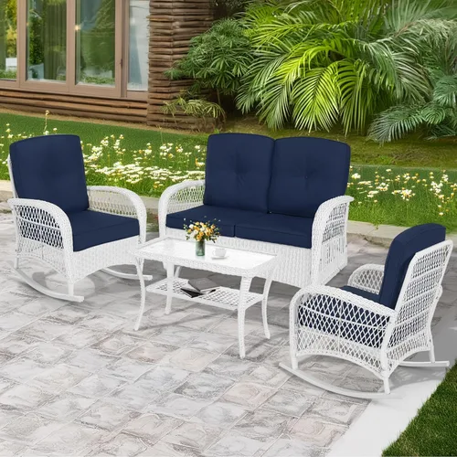 Miniatura 33 de MEETWARM Juego de 3 piezas de mimbre giratorio para patio al aire libre, mecedoras, juegos de muebles de patio de ratán con cojín grueso y mesa