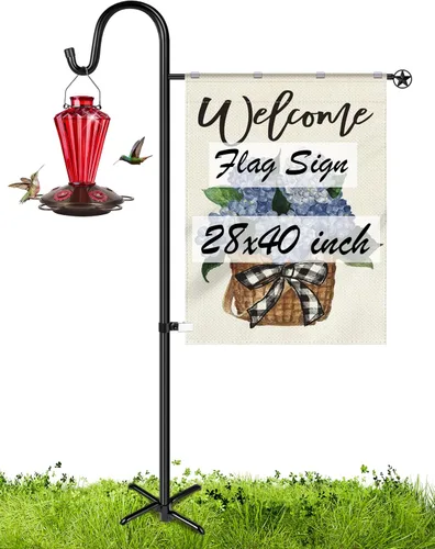 Miniatura 10 de Soporte para bandera de jardín con gancho de pastor para banderas de 14 x 20 pulgadas con 2 topes de resorte y 1 clip, soporte para banderas