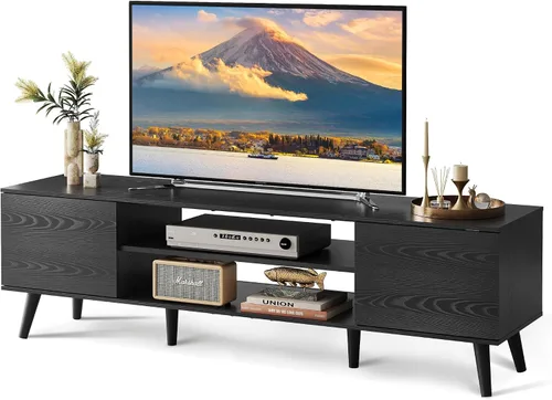 Miniatura 12 de WLIVE Soporte de TV moderno Mid-Century para TV de 55/60 pulgadas, centro de entretenimiento con almacenamiento y estantes ajustables, consola Negro