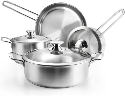 Juego de ollas y sartenes de acero inoxidable, juegos de utensilios de cocina de 7 piezas con tapas de vidrio, mango que se mantiene fresco, apto