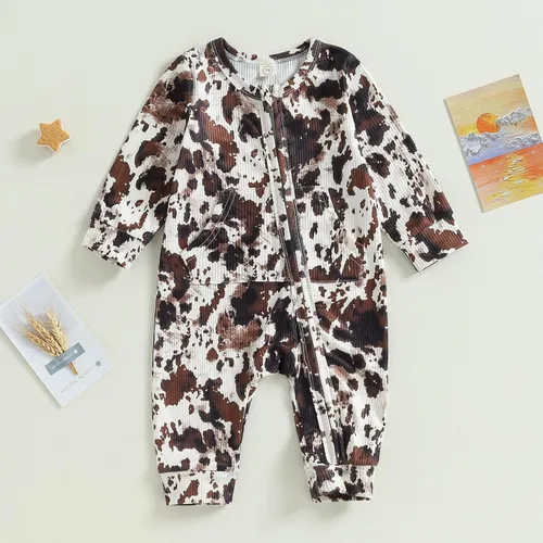 Miniatura 2 de Mono de manga larga con estampado de vaca y cremallera sin pies, mameluco de vaquero recién nacido, ropa de otoño e invierno