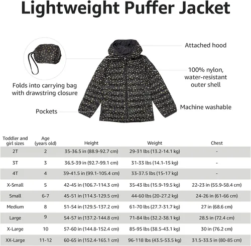 Miniatura 5 de Tienda Essentials Girls and Toddlers' Lightweight Water-Resistant Packable Hooded Puffer Jacket