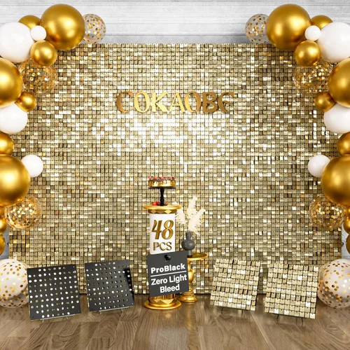 Miniatura 10 de COKAOBE ProBlack Series - Fondo de pared brillante de 48 piezas, panel de fondo cuadrado negro con lentejuelas, diseño negro que no se transparenta