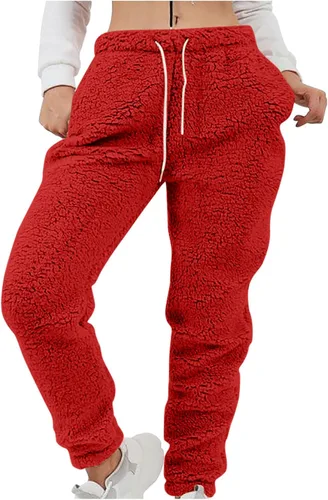 Pantalones de forro polar mullido de color sólido para mujer, pantalones de felpa suave, cálidos, estilo casual, con cordón elástico, talla grande
