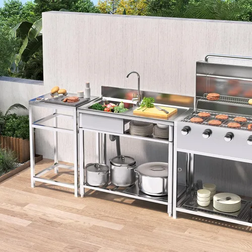 Miniatura 7 de Fregadero de acero inoxidable de 22 pulgadas, fregadero de lavandería con gabinete, estación de fregadero al aire libre para césped y jardín