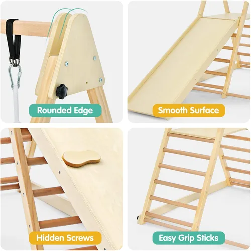 Miniatura 8 de OLAKIDS Gimnasio de la selva para interiores, 4 en 1, plegable de madera Montessori, juguetes de escalada para bebés, con rampa deslizante