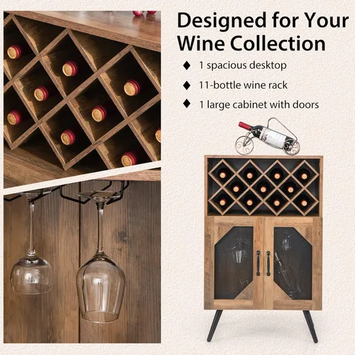 Miniatura 4 de Giantex Armario de bar de vinos de granja, estante para 11 botellas, gabinete de buffet con almacenamiento, aparador de cocina industrial, diseño