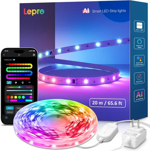 Miniatura 10 de Lepro S1 - Tira de luces LED AI para dormitorio, tiras de luz RGB inteligentes de 16.4 pies con efectos de persecución IC y arcoíris, segmento