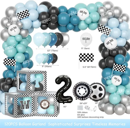 Miniatura 3 de Dos decoraciones de cumpleaños rápidas: 131 piezas con temática de autos de carreras con guirnalda de globos, dos fondos rápidos, globo de aluminio