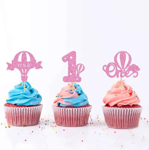 Miniatura 6 de Ercadio Paquete de 24 globos aerostáticos para cupcakes, globos con purpurina rosa, un globo para magdalenas, 1ª selección de cupcakes para globos