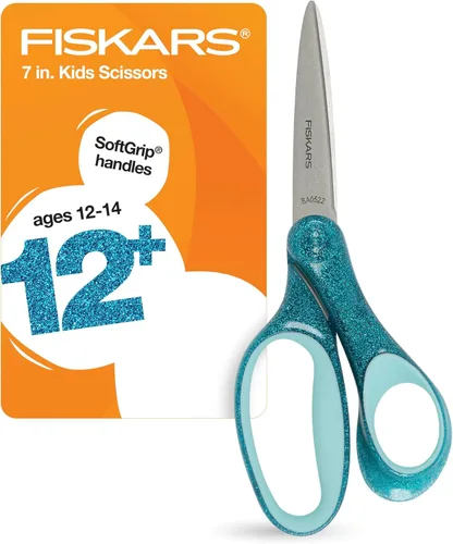 Fiskars SoftGrip Tijeras con purpurina para estudiantes de 7 pulgadas para niños mayores de 12 años, tijeras para la escuela o manualidades, Brillo