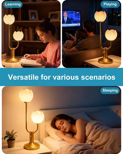 Miniatura 7 de Lightdot Lámpara de Mesa de Flores Doradas para Dormitorio, 2 Cabezas Florales 3000K Luz Blanca Cálida Regulable Lámparas de Mesita de Noche