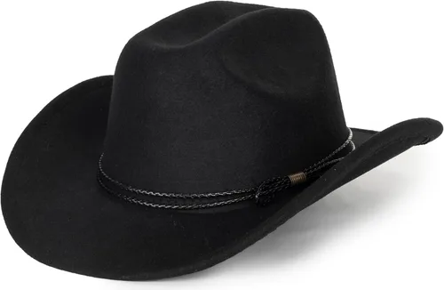 Miniatura 8 de Sombrero de vaquero clásico de fieltro occidental para mujeres y hombres de ala ancha con hebilla de cinturón (tamaño: mediano-grande)