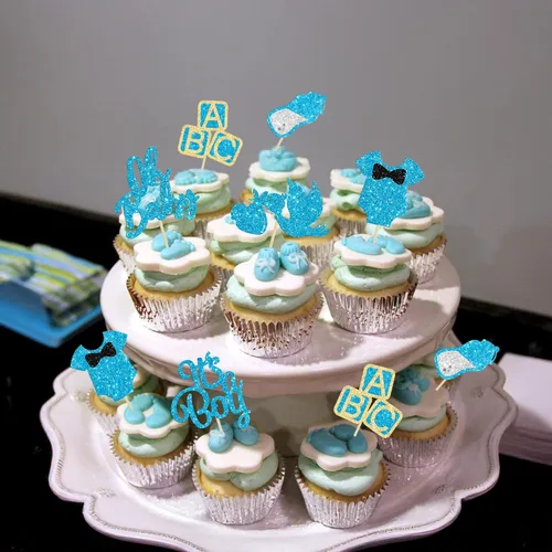 Miniatura 9 de 24 adornos para cupcakes Oh Baby con purpurina azul "It's a Boy" con botella de cisne, para baby shower, revelación de género, decoraciones