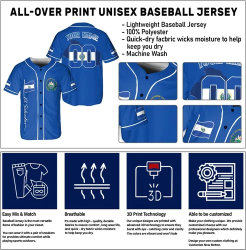 Miniatura 7 de Camiseta de béisbol de El Salvador personalizada,Camiseta personalizada con la bandera salvadoreña,Orgulloso Jersey Salvadoreña,Jersey del orgullo