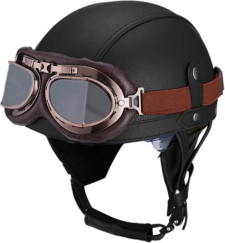 Miniatura 10 de Casco retro de cuero vintage para motocicleta, para hombres y mujeres, adultos, para scooter, bicicleta, crucero, con gafas y lente solar