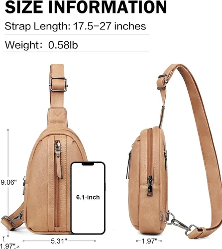 Miniatura 4 de MASINTOR Bolso bandolera pequeño para mujeres y hombres, cangurera cruzada de cuero vegano con múltiples compartimentos para uso diario, Camel