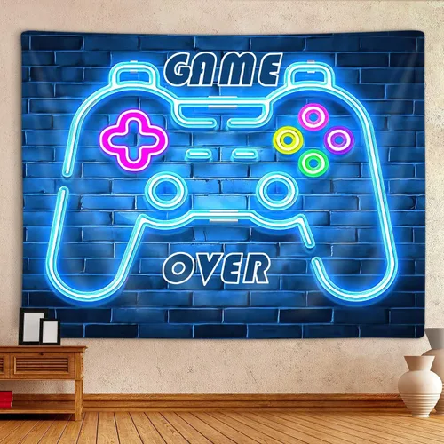 Miniatura 2 de MERCHR Tapiz de juego de neón, tapiz azul fresco con luz negra para colgar en la pared para hombres y niños, sala de videojuegos, retro de los años