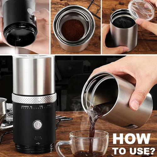 Miniatura 6 de Molinillo de café portátil para rebabas, máquina eléctrica ajustable para fresas adecuada para viajes, camping con bolsa (rojo)