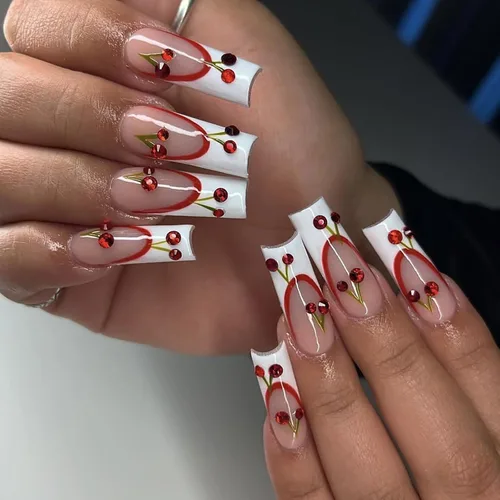 Miniatura 18 de Lindas uñas a presión de tamaño mediano - Uñas falsas cuadradas con punta francesa, uñas acrílicas rojas de cobertura completa brillantes