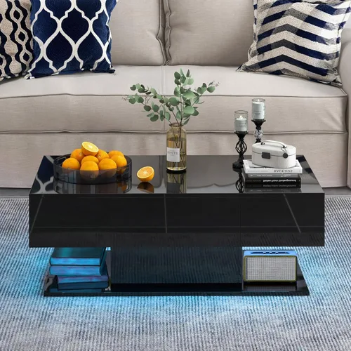 Miniatura 2 de Tangkula Mesa de centro LED con 2 cajones, mesa central moderna de alto brillo, luces LED regulables de 20 colores y control remoto, mesa auxiliar