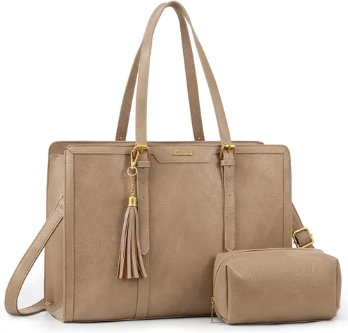 Miniatura 22 de LOVEVOOK Bolsa de mano para laptop para mujer, bolsa de trabajo vintage de 15.6 pulgadas con embrague, bolso grande de cuero para laptop con soporte