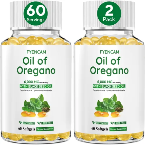 Aceite de orégano con aceite de semilla negra, cápsulas de aceite de orégano de 6000 mg orgánicas con carvacrol y timoquinona, suplemento 2 en 1