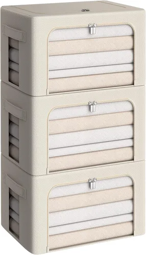 Miniatura 20 de Paquete de 3 cajas de almacenamiento con marco, bolsas de almacenamiento de ropa, tela Oxford, plegable, apilable, juego organizador con ventana