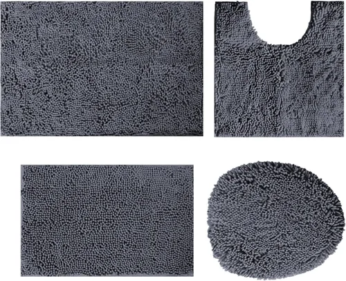 Miniatura 14 de Juego de 4 tapetes de baño de chenilla, tapete de baño de felpilla con parte inferior antideslizante de PVC, juego de alfombras de baño de absorción