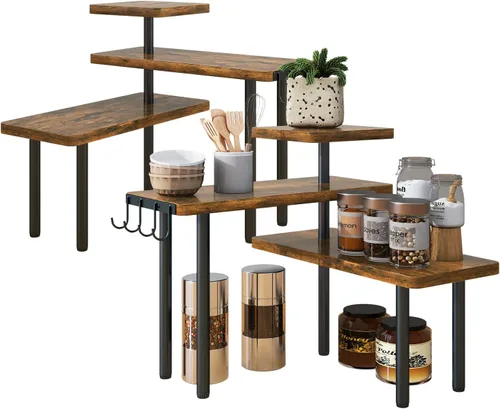 Miniatura 12 de IBUYKE Organizador de encimera, estantes de especias de 3 niveles, estante de esquina de encimera de cocina, 4 ganchos laterales, estante ajustable