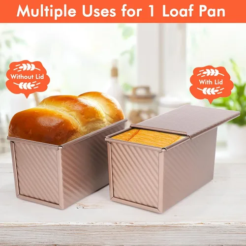 Miniatura 5 de Beasea Pullman - Molde para pan con tapa, paquete de 2, moldes para pan de 1 libra antiadherentes, caja para pan tostado de acero al carbono con Oro