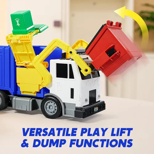 Miniatura 4 de JOYIN Juego de juguetes de camión de basura de fricción grande, incluye 1 contenedor, 3 cubos de basura y 30 tarjetas de aprendizaje para niños, Azul