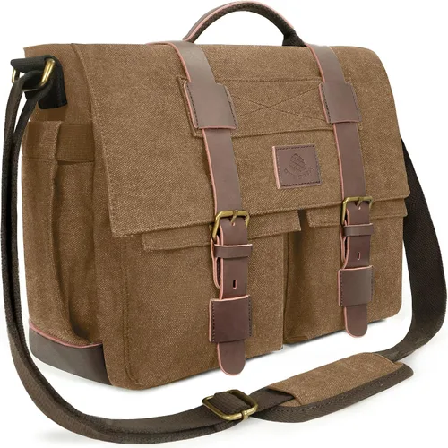 Bolsa tipo mensajero para hombre, bolsa para laptop de 15.6 pulgadas, bolsa vintage de lona encerada, resistente al agua, maletín de cuero para la