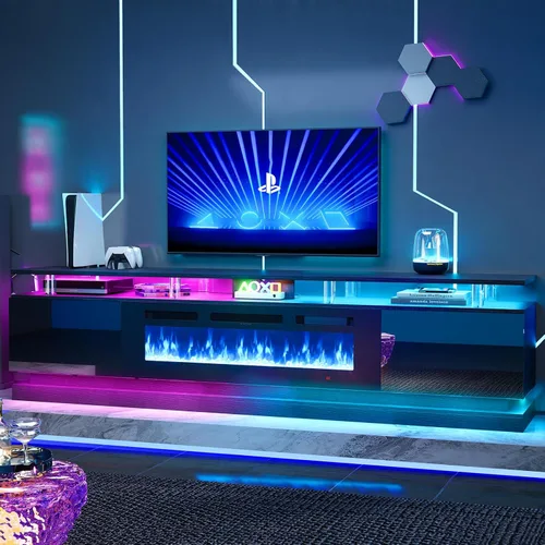 Miniatura 9 de Soporte de TV de alto brillo de 70 pulgadas con 2 armarios laterales, consola de TV moderna y elegante con luces LED de 3 capas, consola multimedia
