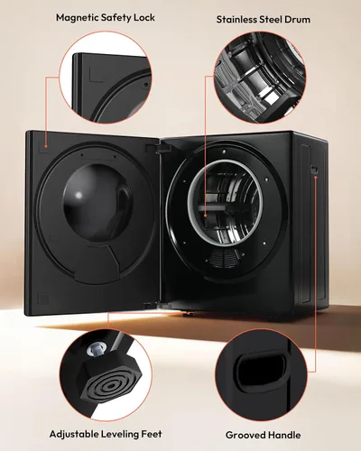 Miniatura 9 de EUHOMY Secadora portátil de 1.5 pies cúbicos con 4 programas de secado, capacidad de ropa de 5.5 libras, acabado de espejo y panel LCD, secadora