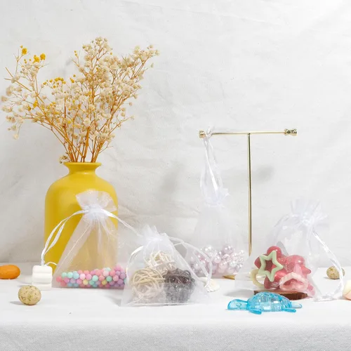 Miniatura 28 de Bolsas de organza, bolsa de organza transparente, 50 unidades, pequeñas bolsas de organza con cordón de 3 x 4 pulgadas, bolsas de regalo de joyería
