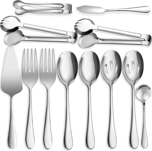 Miniatura 8 de 10 utensilios de acero inoxidable para servir, grandes cucharas ranuradas, tenedores de servir, pinzas para servir, pinzas para azúcar, juego