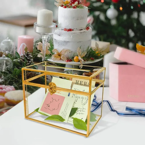 Miniatura 3 de YIMORENCE V Tarjetero de cristal dorado – Caja de sobres de boda con forma rectangular con ranura y pie, perfecto para recepción y centro de mesa