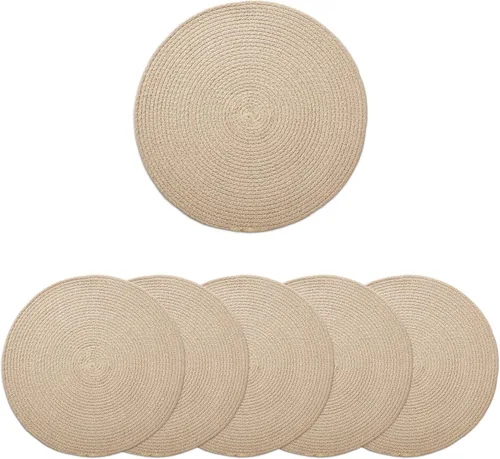 Encasa XO Juego de 6 manteles individuales de comedor, manteles individuales de algodón, 13 pulgadas de diámetro, color beige, cargadores hechos a