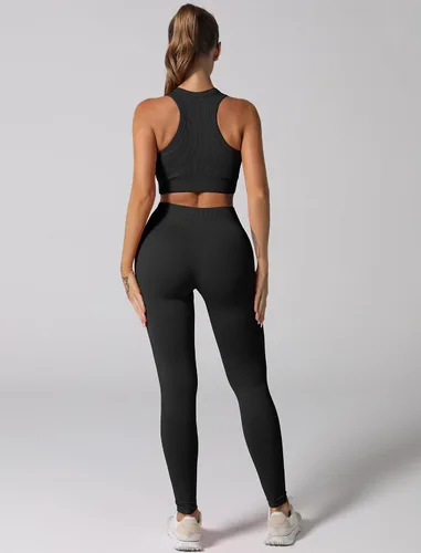 Miniatura 5 de Conjuntos de entrenamiento para mujer, 2 piezas, sin costuras, acanalada, sin mangas, brasier deportivo, cintura alta, pantalones cortos