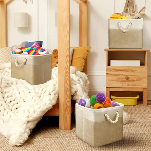 Miniatura 7 de Simple Houseware Cubos de almacenamiento de tela grandes de 13 x 13 pulgadas para armario y organizador de cubos, paquete de 3, color beige