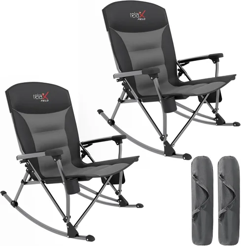 Rocking Camping Chair for Adults, Portable Chairs with Cup Holder and Side Pocket, Outdoor Folding Rocker Chair,2PCS-Black