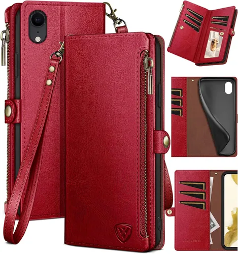 Miniatura 8 de XcaseBar Funda tipo cartera para iPhone XR de 6.1 pulgadas con bloqueo RFID, soporte para tarjetas de crédito con cremallera, funda de piel