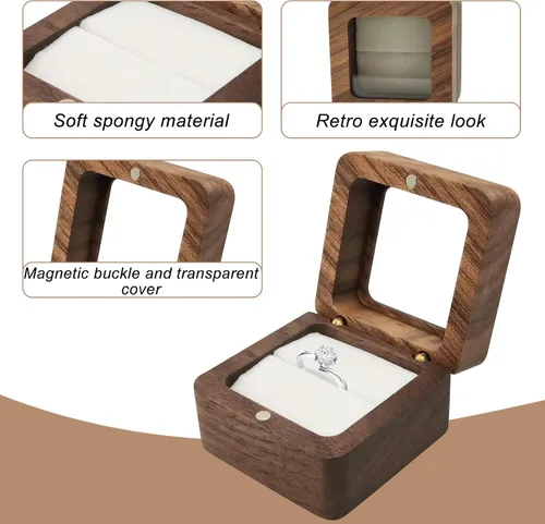 Miniatura 3 de Caja de madera para anillos, mini caja de soporte para anillos de compromiso con cubierta transparente, caja cuadrada para anillos de boda