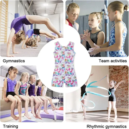 Miniatura 5 de Funnycokid Leotardos de gimnasia para niñas con pantalones cortos unitardos de baile brillantes de sirena pantalones de ciclismo activos de 2 a 10