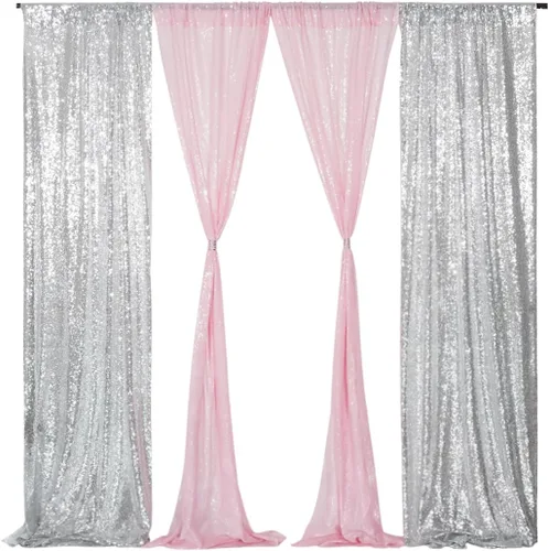Miniatura 2 de Juya Delight 4 paneles de cortina de lentejuelas plateadas y rosas de 2 x 8 pies, cortinas de fondo de lentejuelas con purpurina para decoración